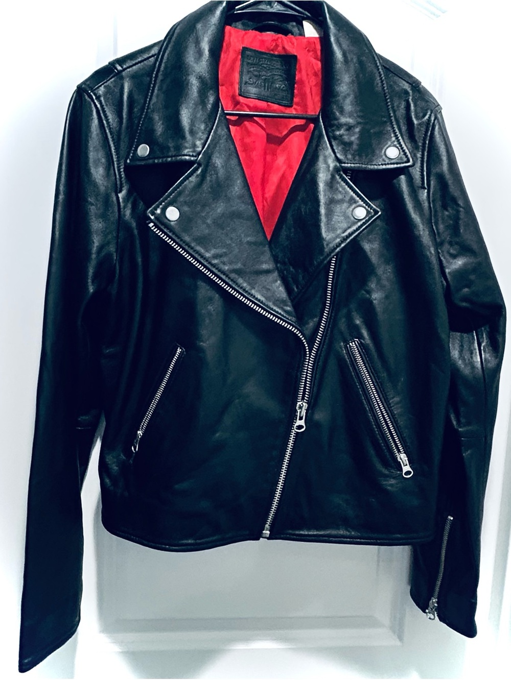 Levi's Black Leather Moto Jacket with Red Lining